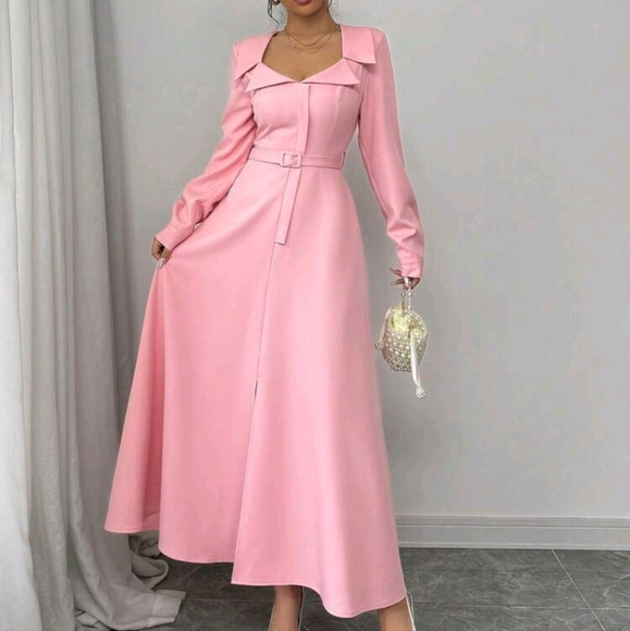 Fashion Collared Long Sleeve Cinched Waist Dress - Picture 2 of 4